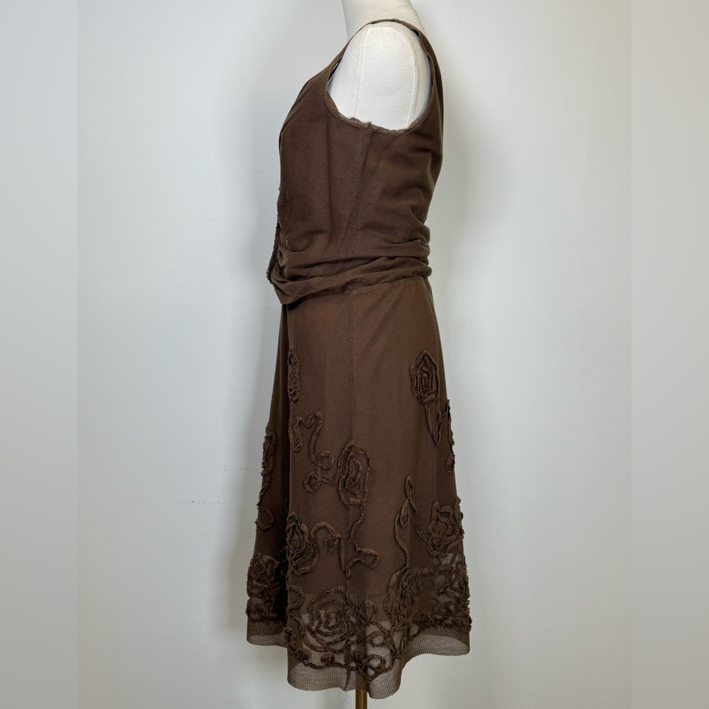 Max Studio Y2K Sleeveless Ruched Floral Appliqué Brown Midi Dress Women’s  XS - Picture 6 of 14